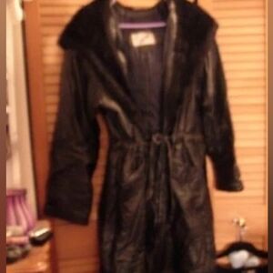 Vtg? Jon Weitz women's Black genuine Leather faux fur hooded Coat M L 90s?